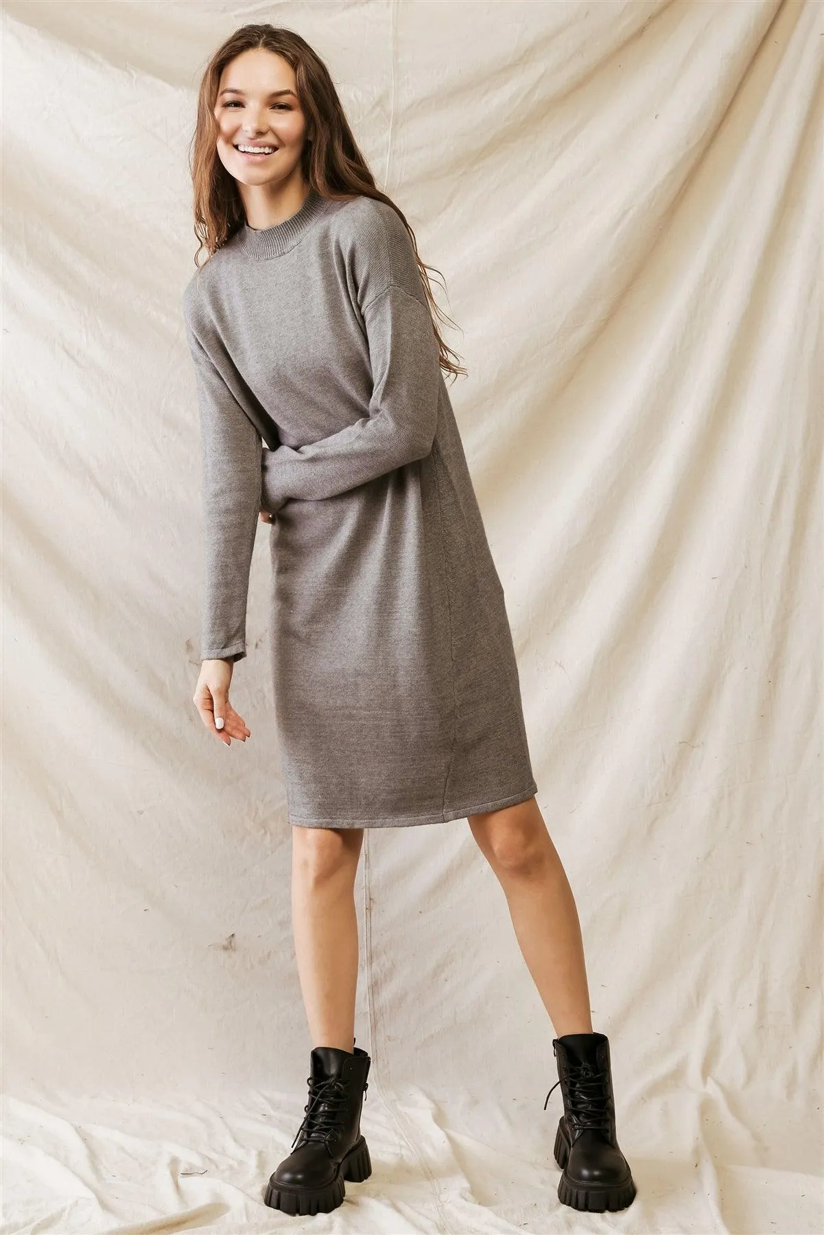 Heather Grey Viscose Blend Knit Long Sleeve Midi Dress /1-2