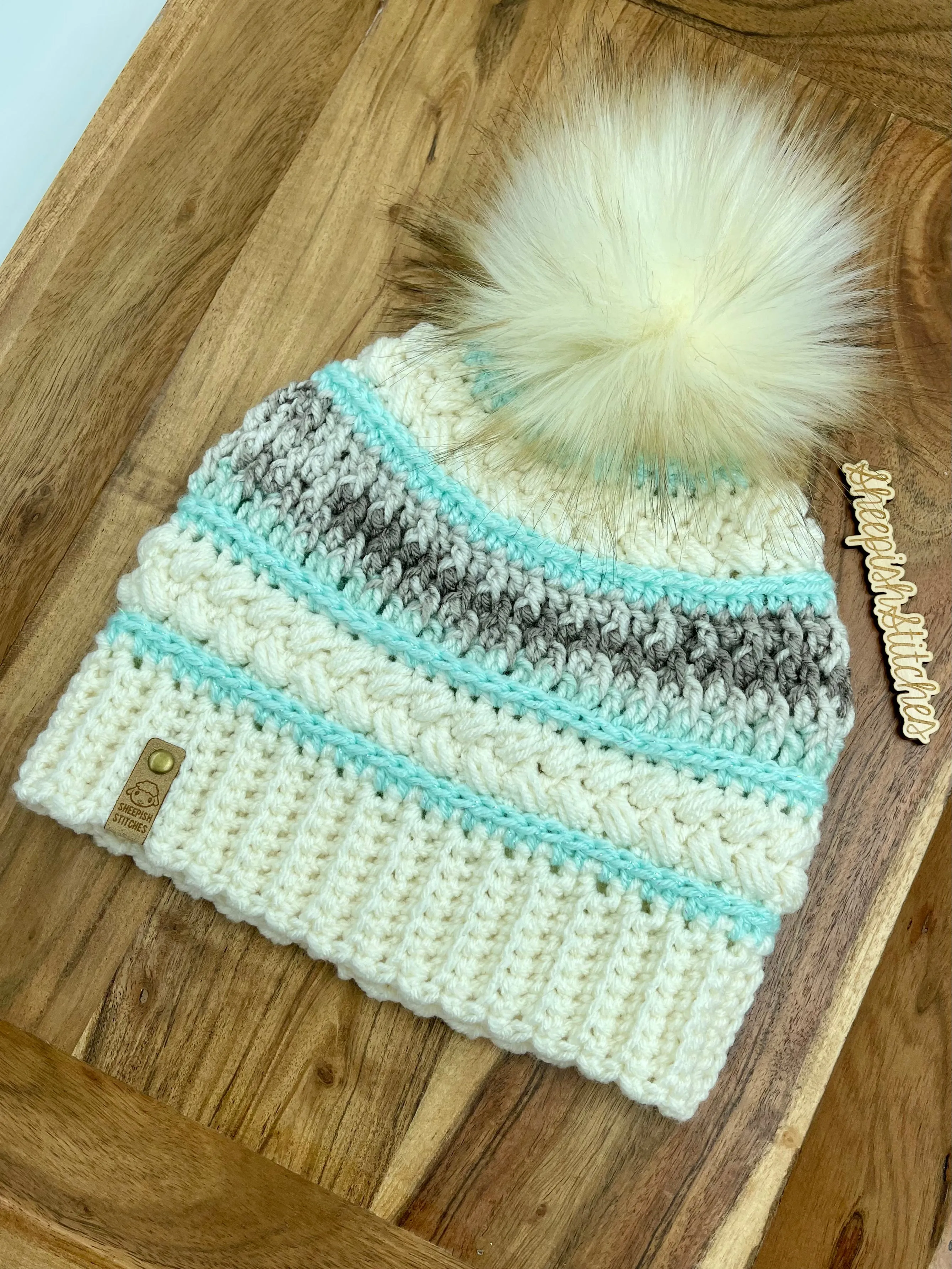 Ivory , Mint and Multi Tone - Hand Crochet Beanie with Faux Fur Pom Pom