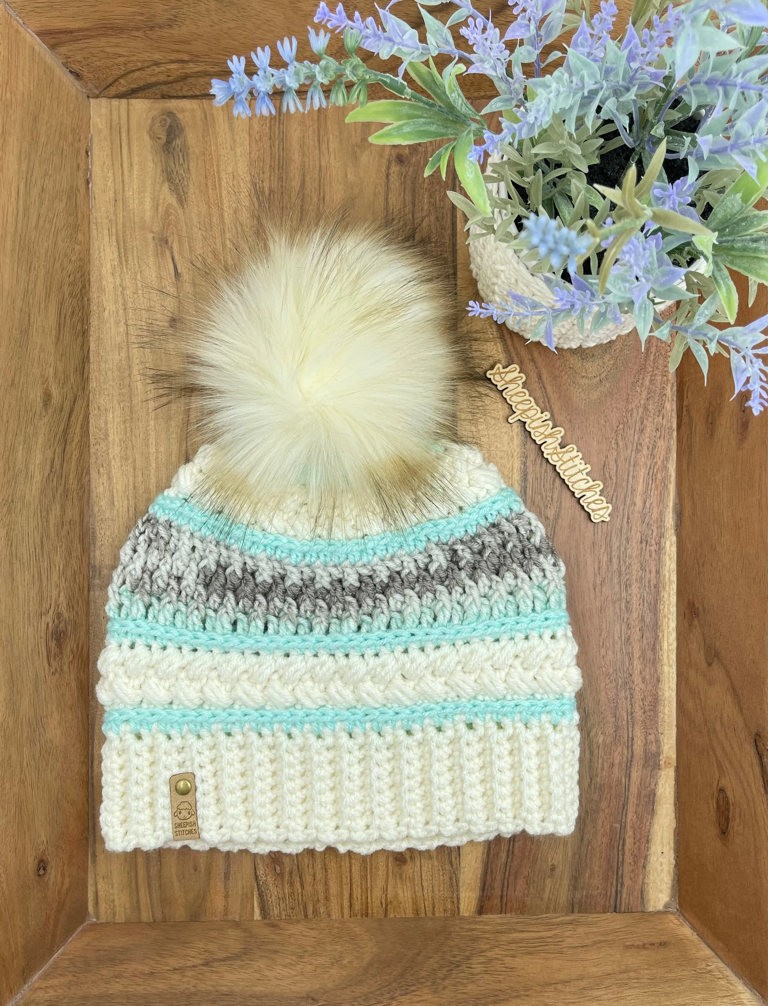 Ivory , Mint and Multi Tone - Hand Crochet Beanie with Faux Fur Pom Pom