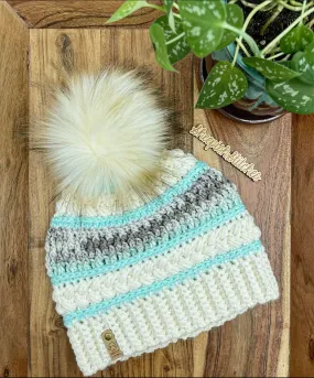 Ivory , Mint and Multi Tone - Hand Crochet Beanie with Faux Fur Pom Pom