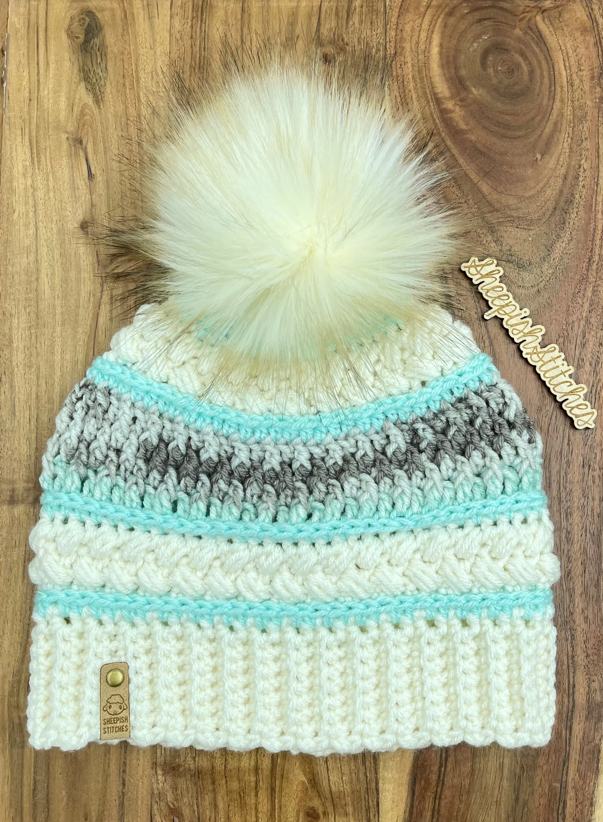 Ivory , Mint and Multi Tone - Hand Crochet Beanie with Faux Fur Pom Pom
