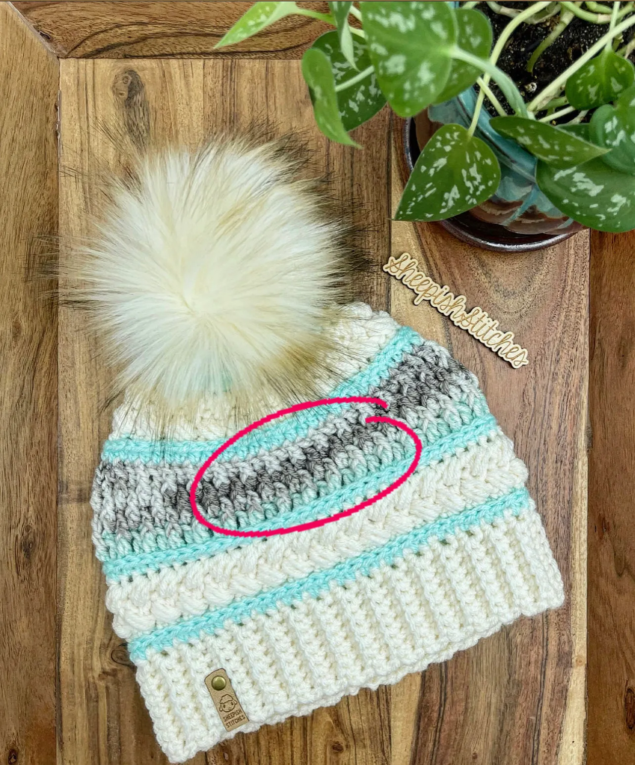 Ivory , Mint and Multi Tone - Hand Crochet Beanie with Faux Fur Pom Pom