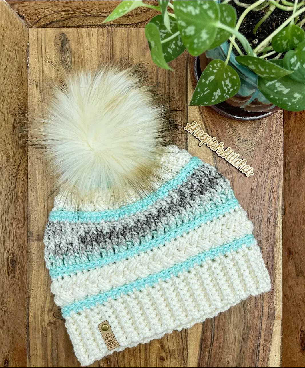 Ivory , Mint and Multi Tone - Hand Crochet Beanie with Faux Fur Pom Pom