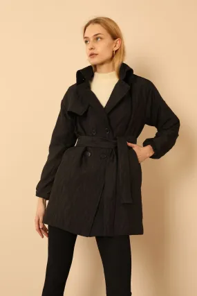 KKT Jakar Fabric Onion Pattern Women Trench Coat-Black - Aubagne