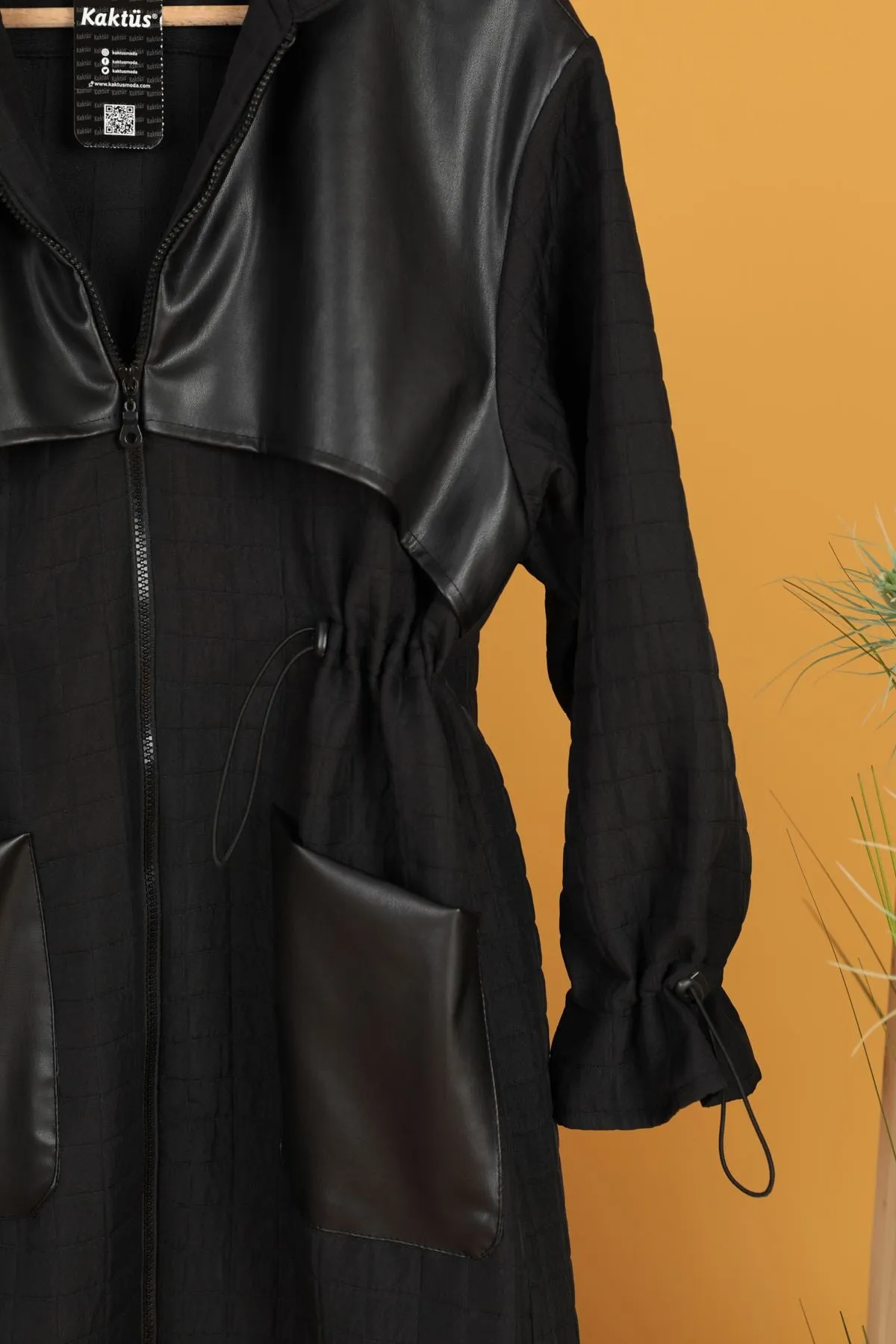 KKT Leather Fabric Jacquard Women's Trench Coat-Black - Zacatelco
