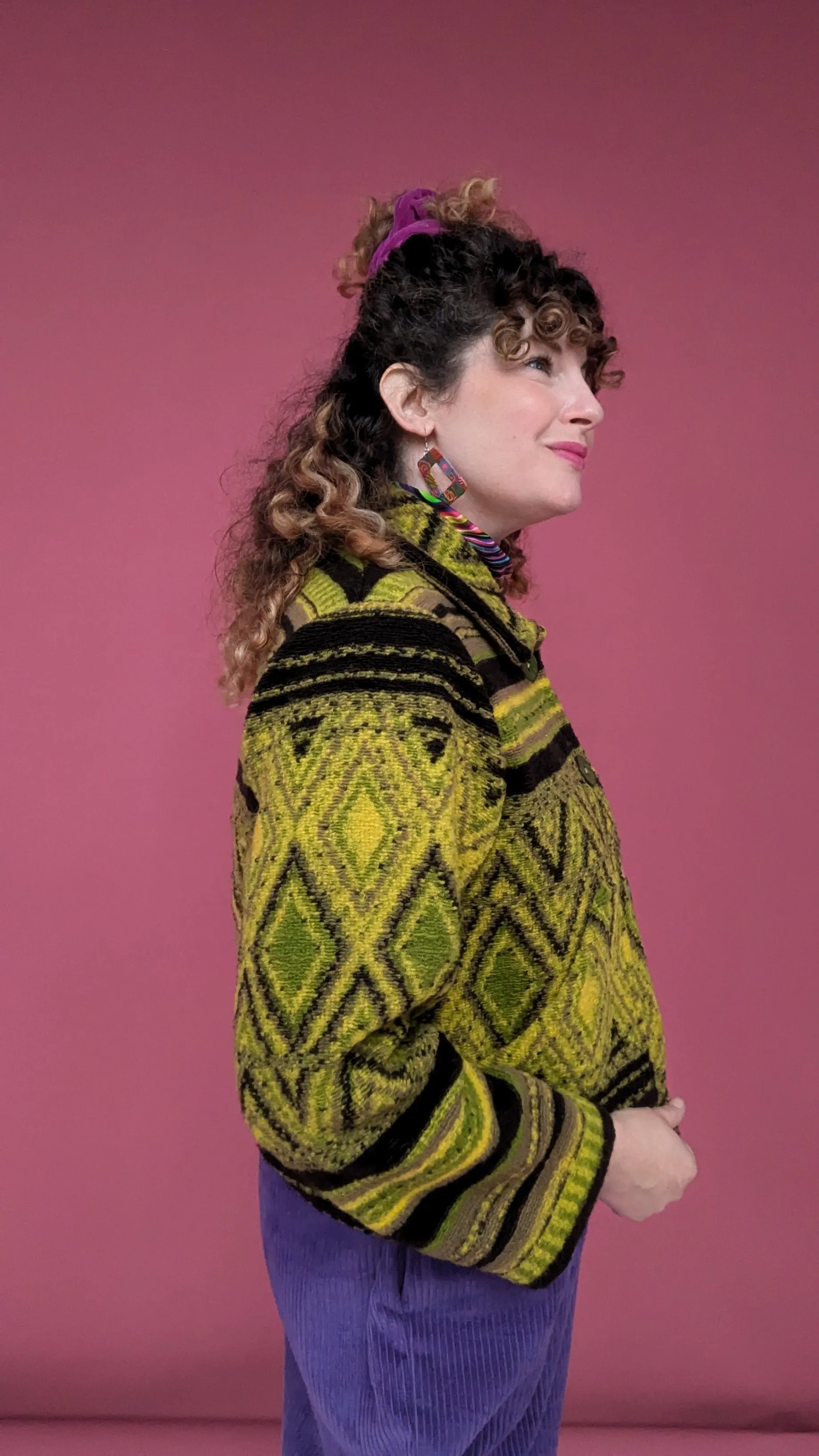Knitted Box Jacket in Olive Diamond