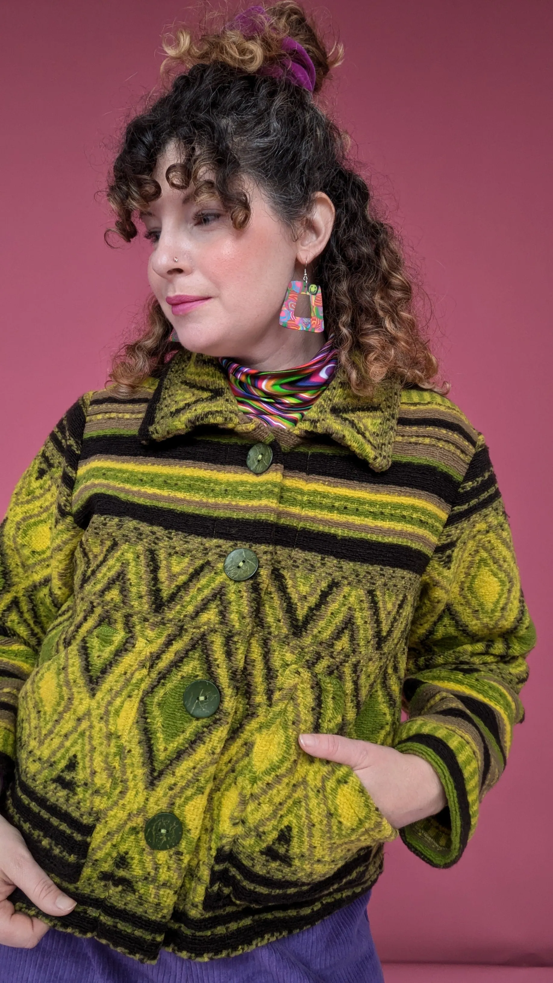 Knitted Box Jacket in Olive Diamond