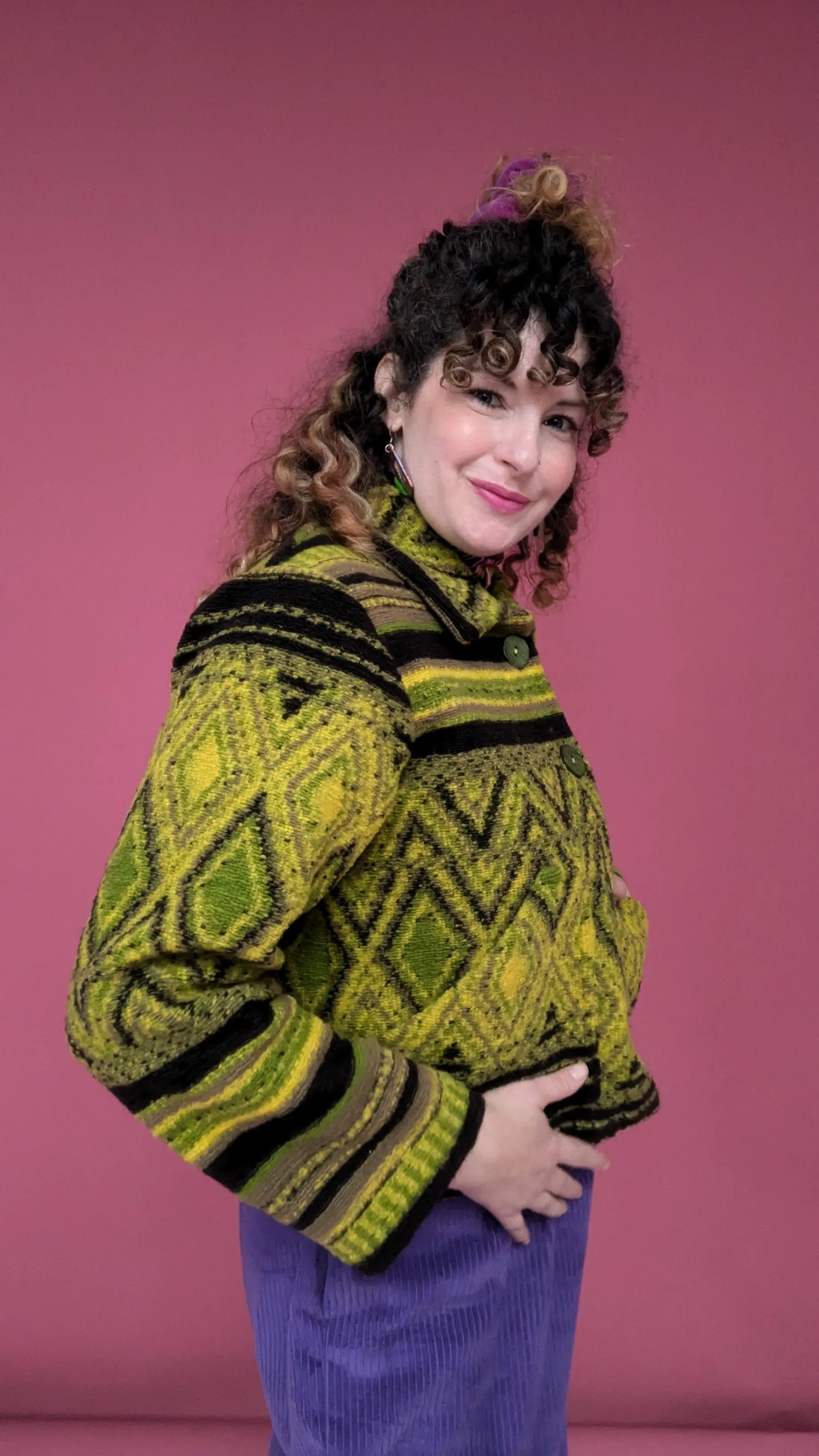 Knitted Box Jacket in Olive Diamond