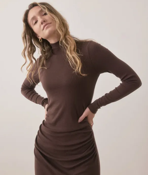 Lexi Rib Ruched Turtleneck Dress - Cocoa