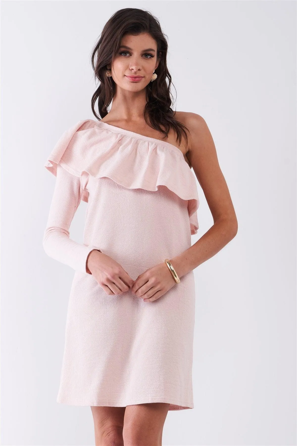 Light Blush Ribbed One-Sleeve Ruffle Trim Detail Loose Fit Mini Dress /1-2-3-1