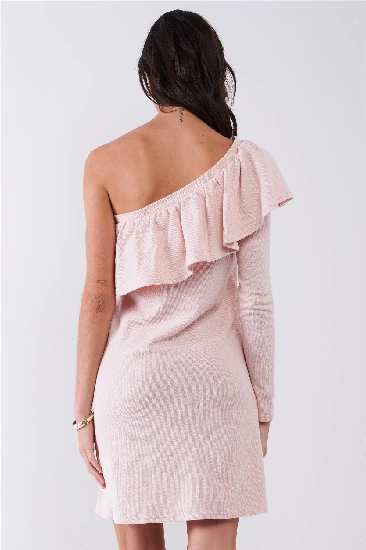 Light Blush Ribbed One-Sleeve Ruffle Trim Detail Loose Fit Mini Dress /1-2-3-1