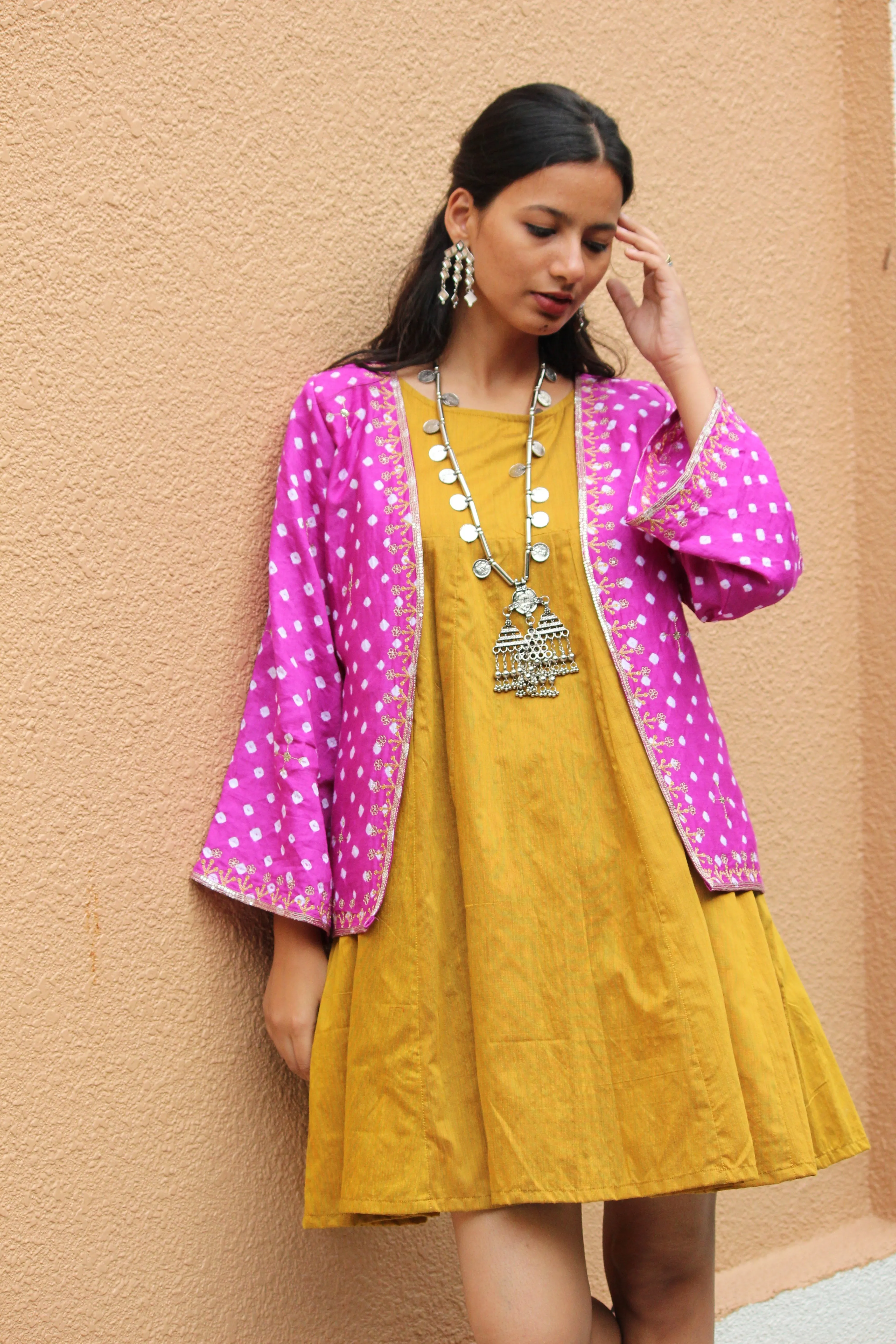 Magenta Bandhani Embroidered Kimono Jacket