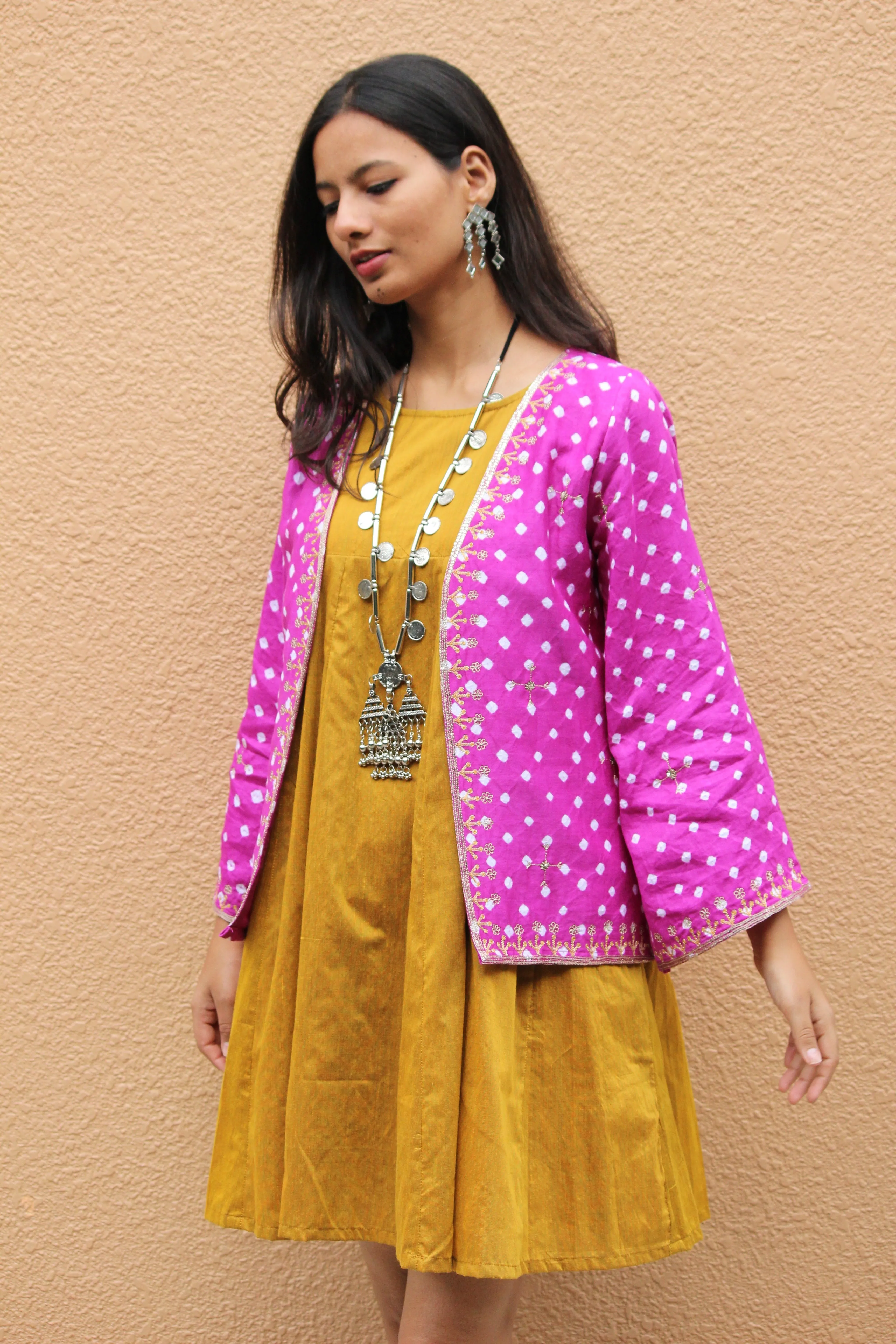 Magenta Bandhani Embroidered Kimono Jacket