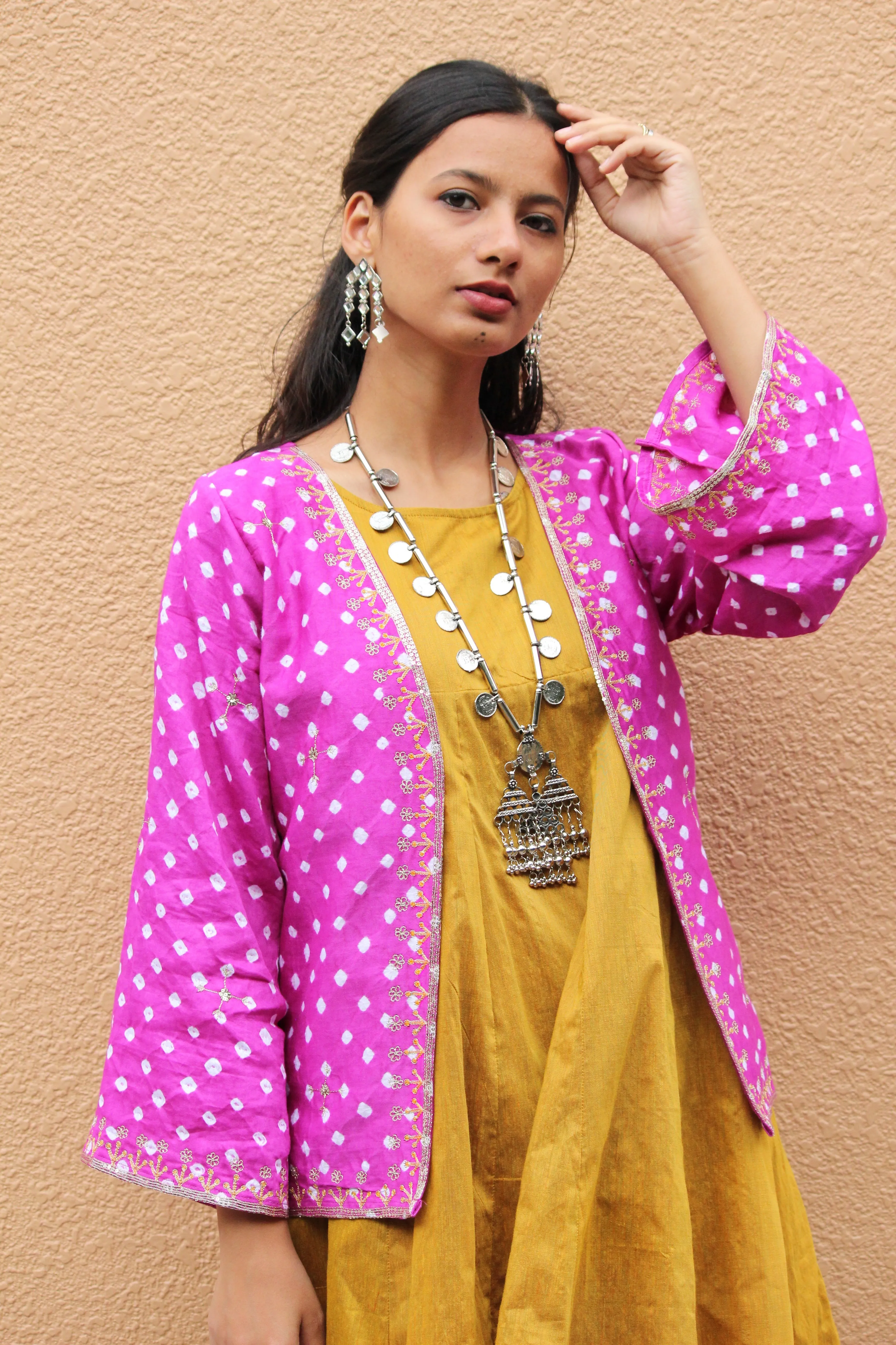 Magenta Bandhani Embroidered Kimono Jacket
