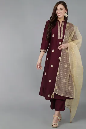 Magenta Silk Blend Solid Straight Kurta Trousers With Dupatta