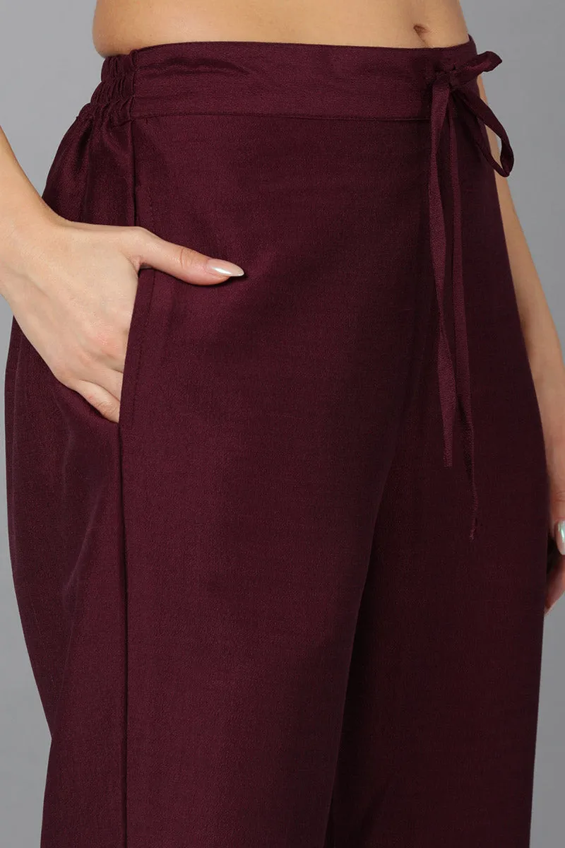 Magenta Silk Blend Solid Straight Kurta Trousers With Dupatta