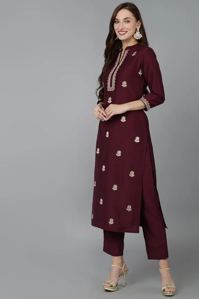 Magenta Silk Blend Solid Straight Kurta Trousers With Dupatta