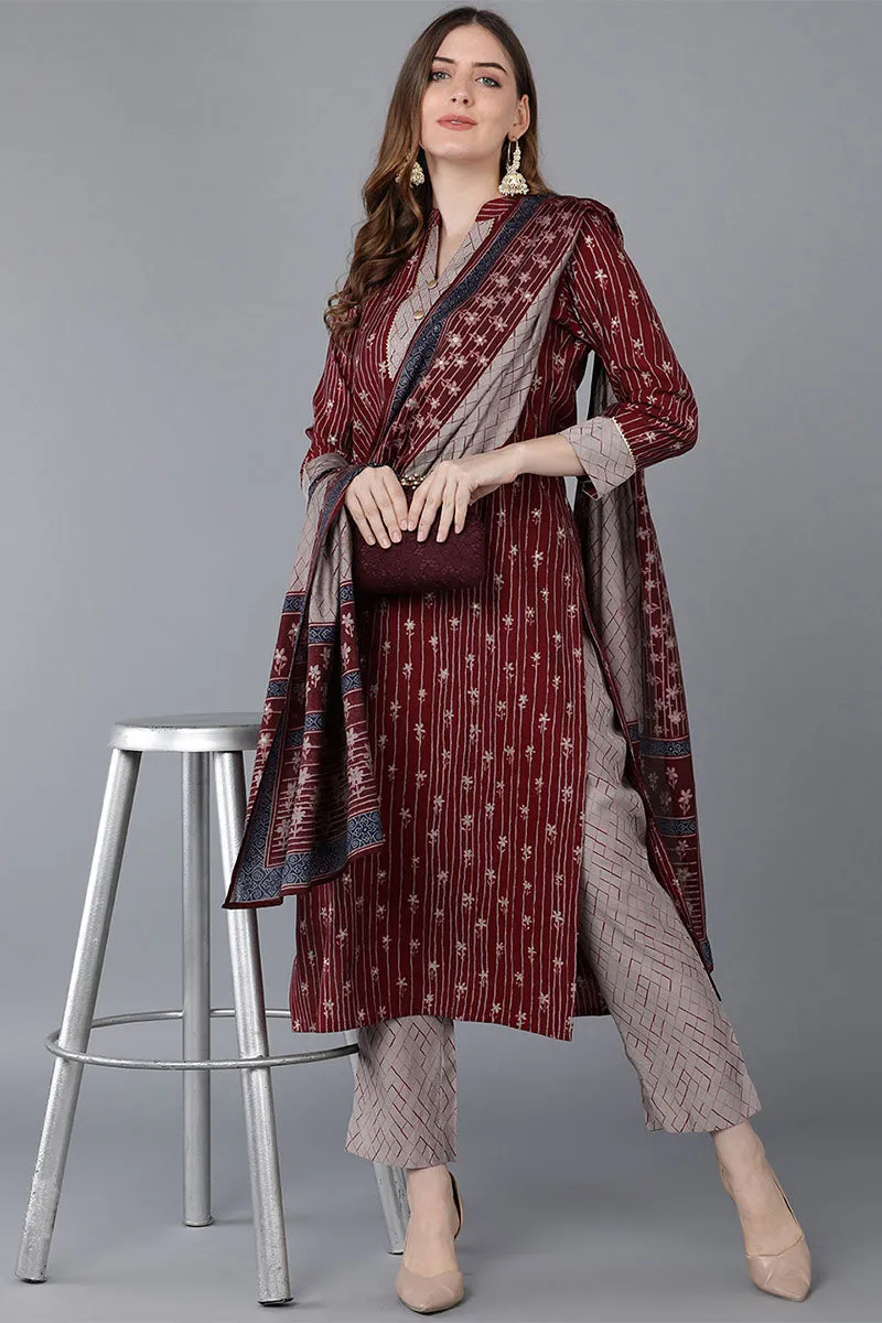 Maroon Poly Silk Straight Kurta Pant With Dupatta