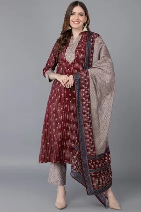 Maroon Poly Silk Straight Kurta Pant With Dupatta