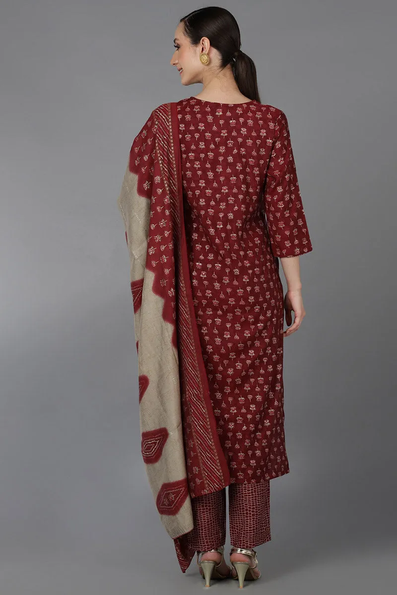 Maroon Silk Blend Embroidered Straight Suit Set