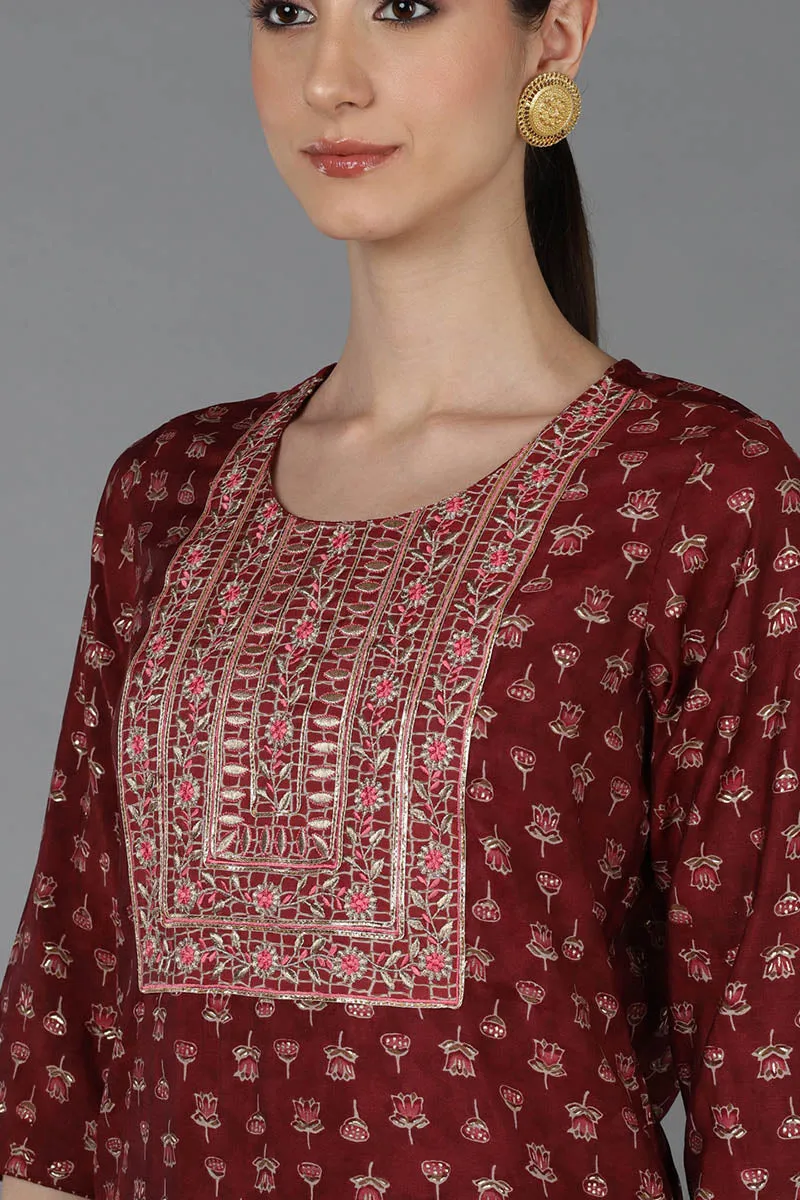 Maroon Silk Blend Embroidered Straight Suit Set