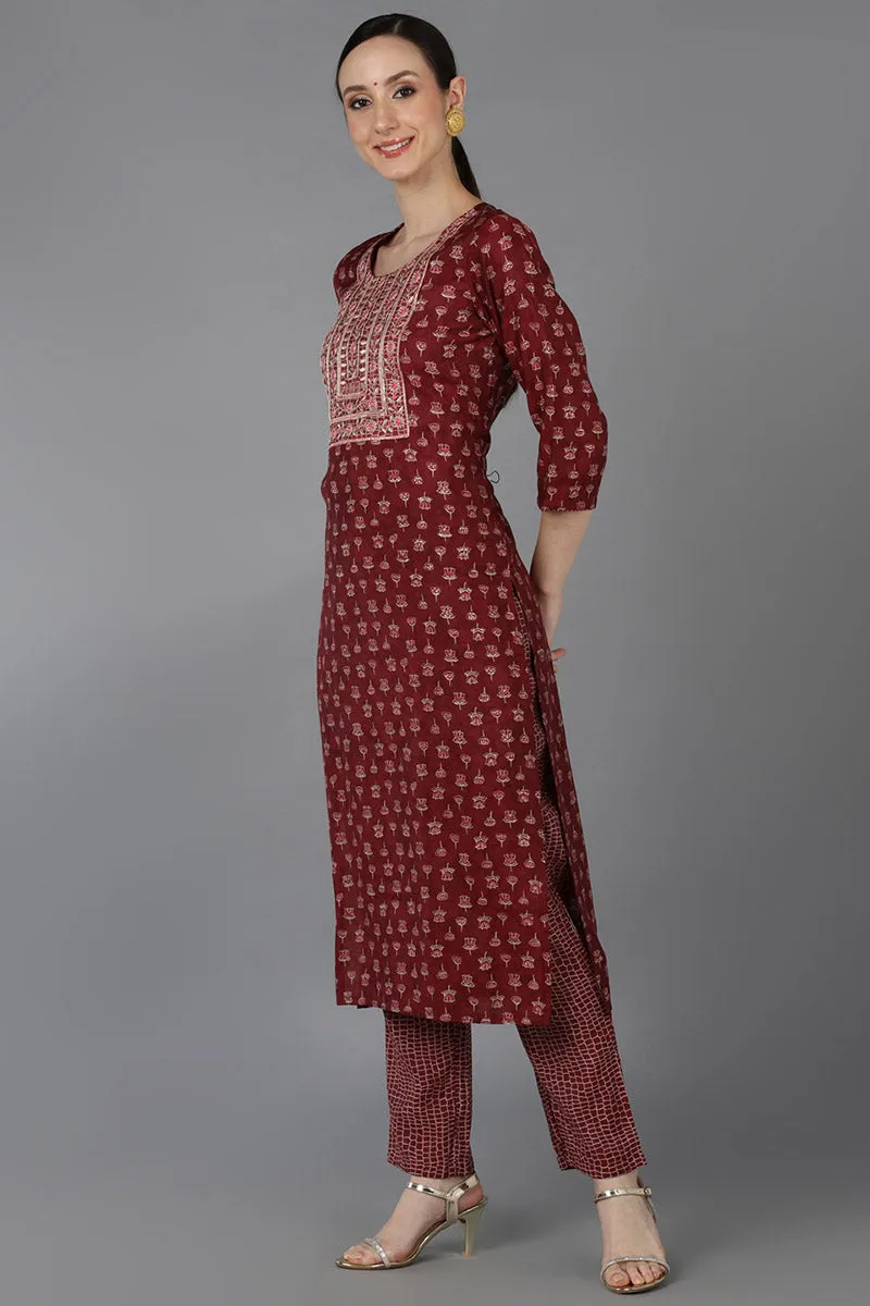 Maroon Silk Blend Embroidered Straight Suit Set