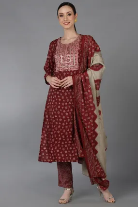 Maroon Silk Blend Embroidered Straight Suit Set