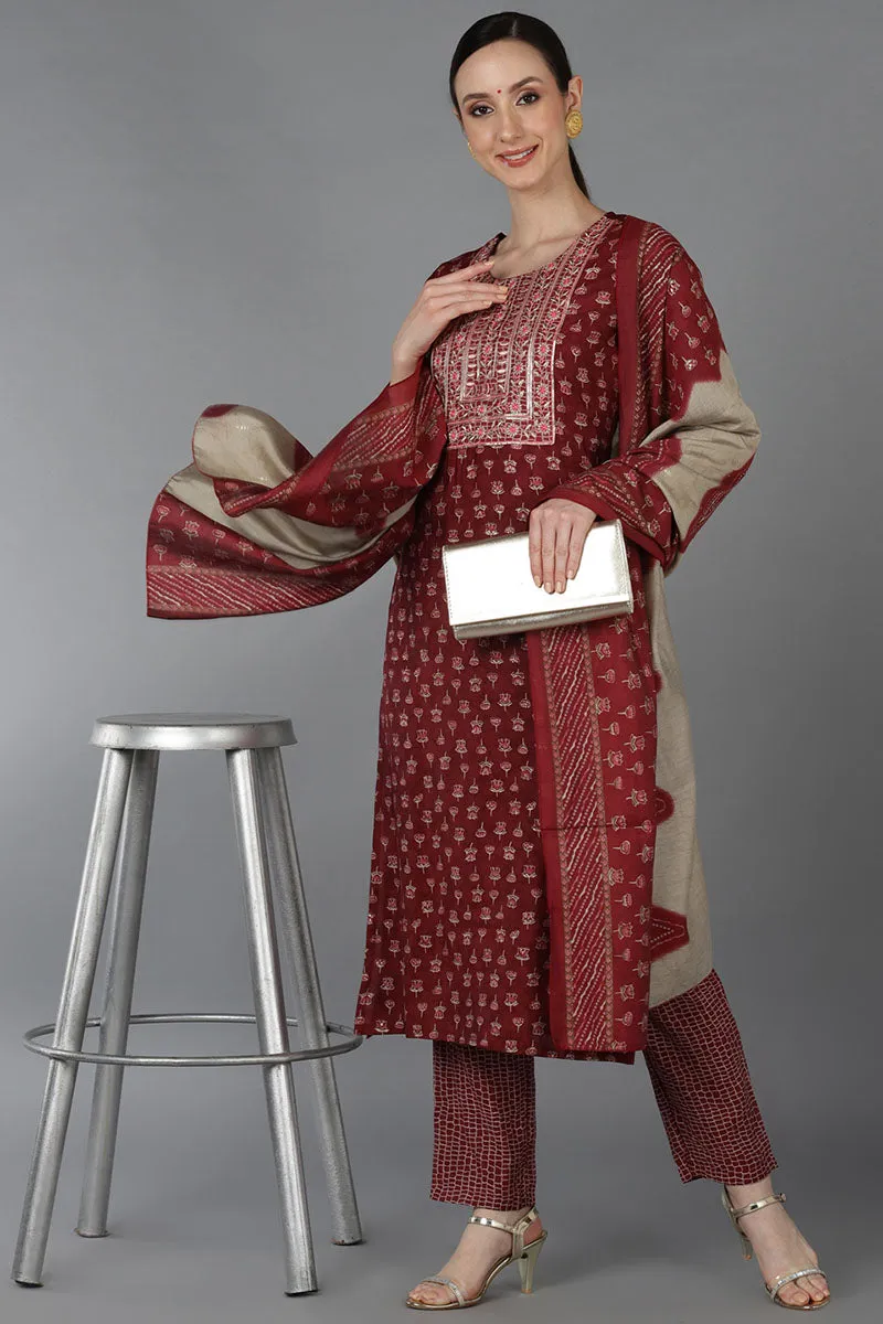 Maroon Silk Blend Embroidered Straight Suit Set