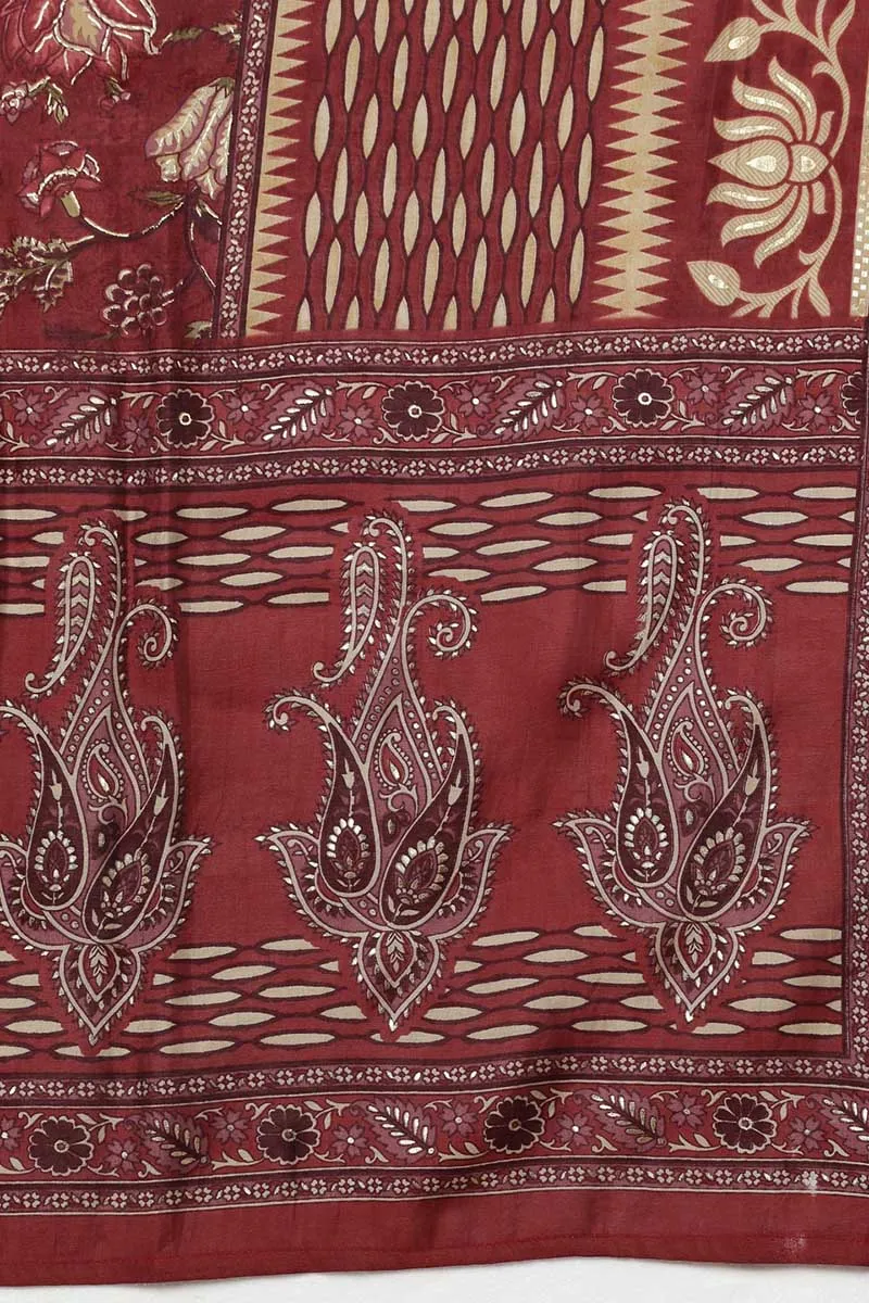 Maroon Silk Blend Floral Straight Kurta Trousers With Dupatta