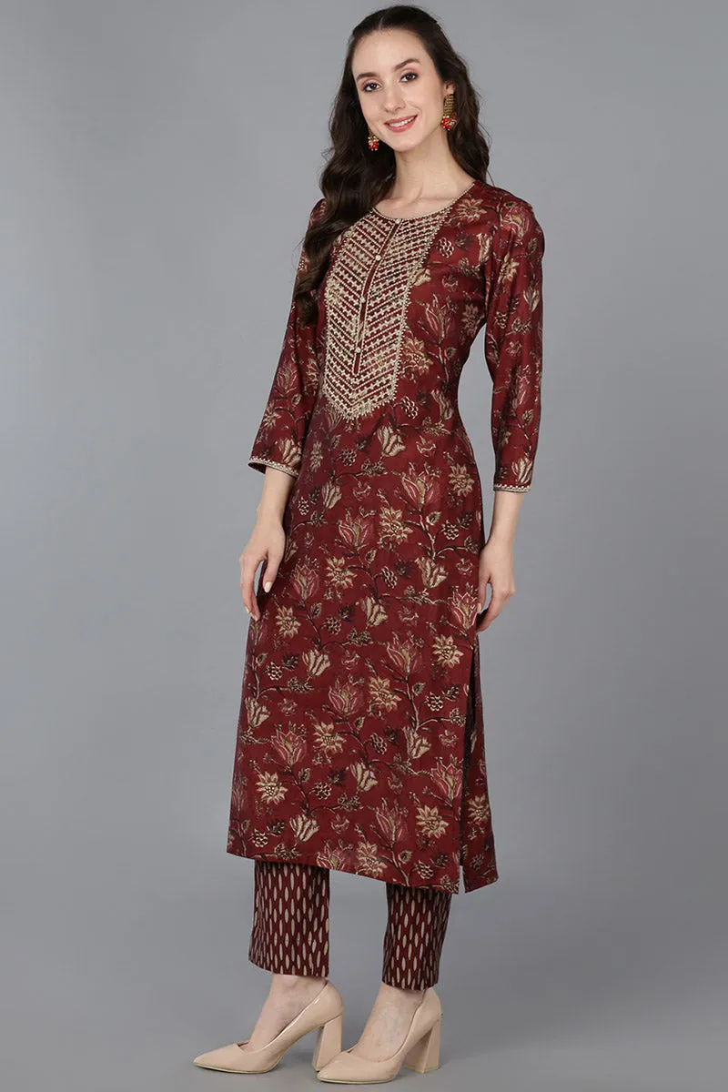 Maroon Silk Blend Floral Straight Kurta Trousers With Dupatta