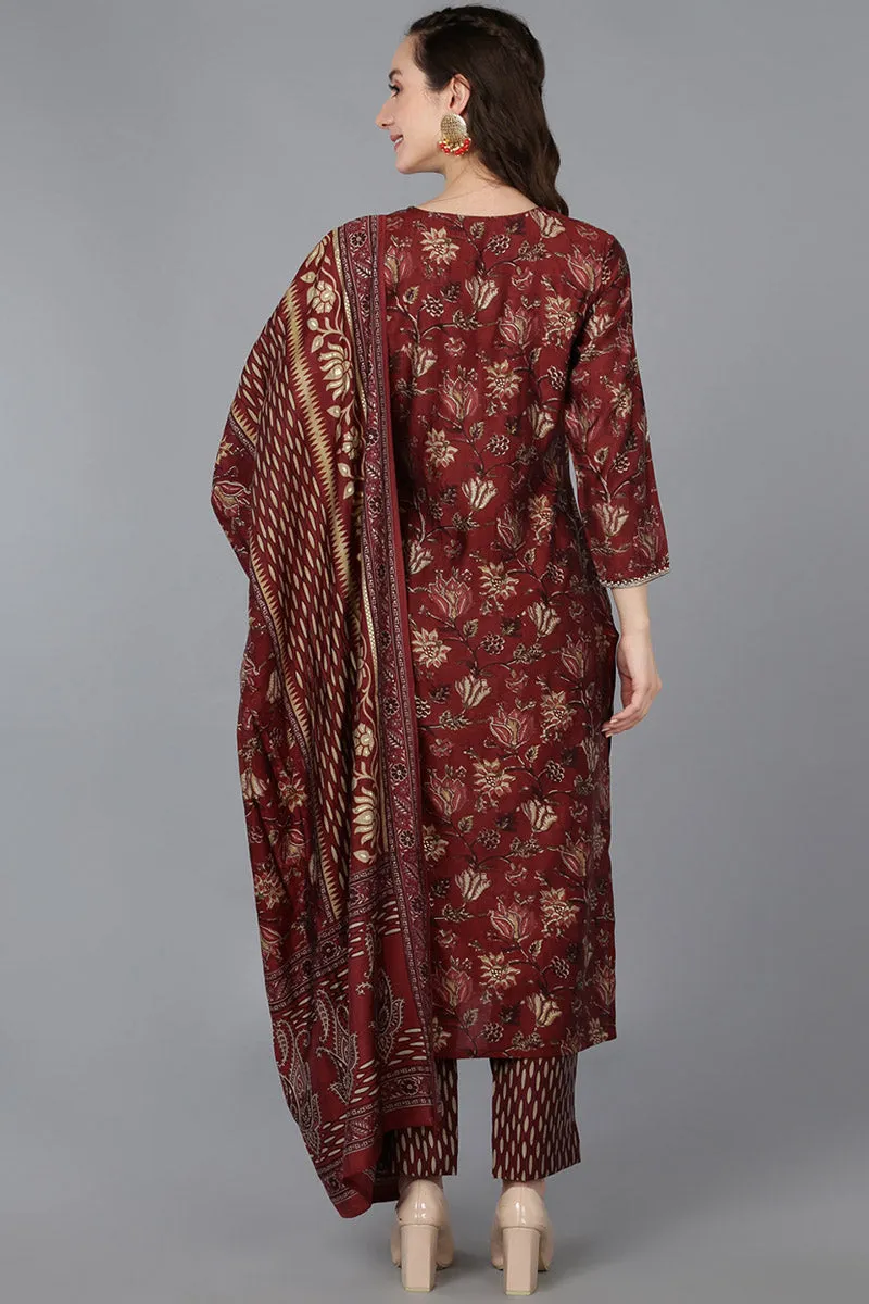 Maroon Silk Blend Floral Straight Kurta Trousers With Dupatta