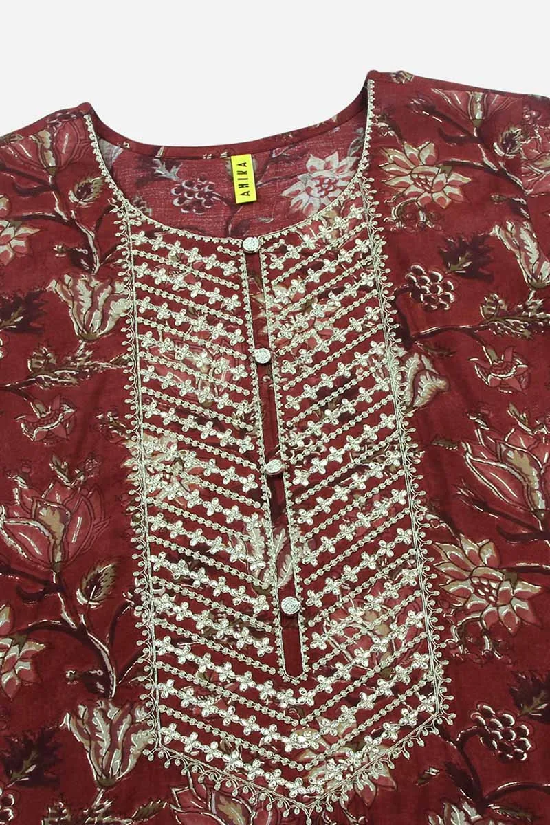 Maroon Silk Blend Floral Straight Kurta Trousers With Dupatta