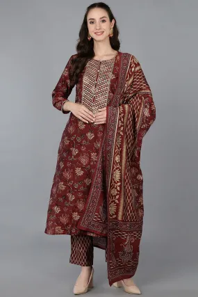 Maroon Silk Blend Floral Straight Kurta Trousers With Dupatta