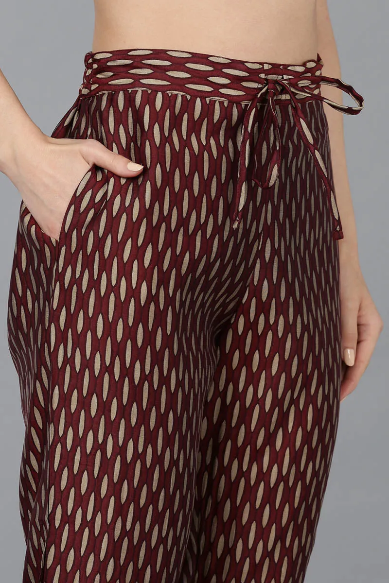 Maroon Silk Blend Floral Straight Kurta Trousers With Dupatta