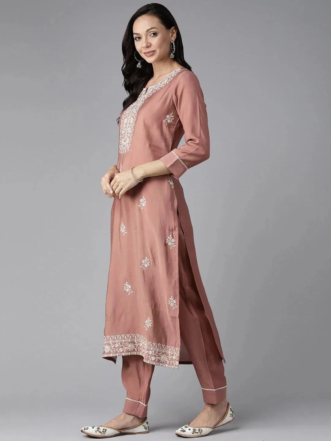 Mauve Floral Embroidered Silk Dupatta Set
