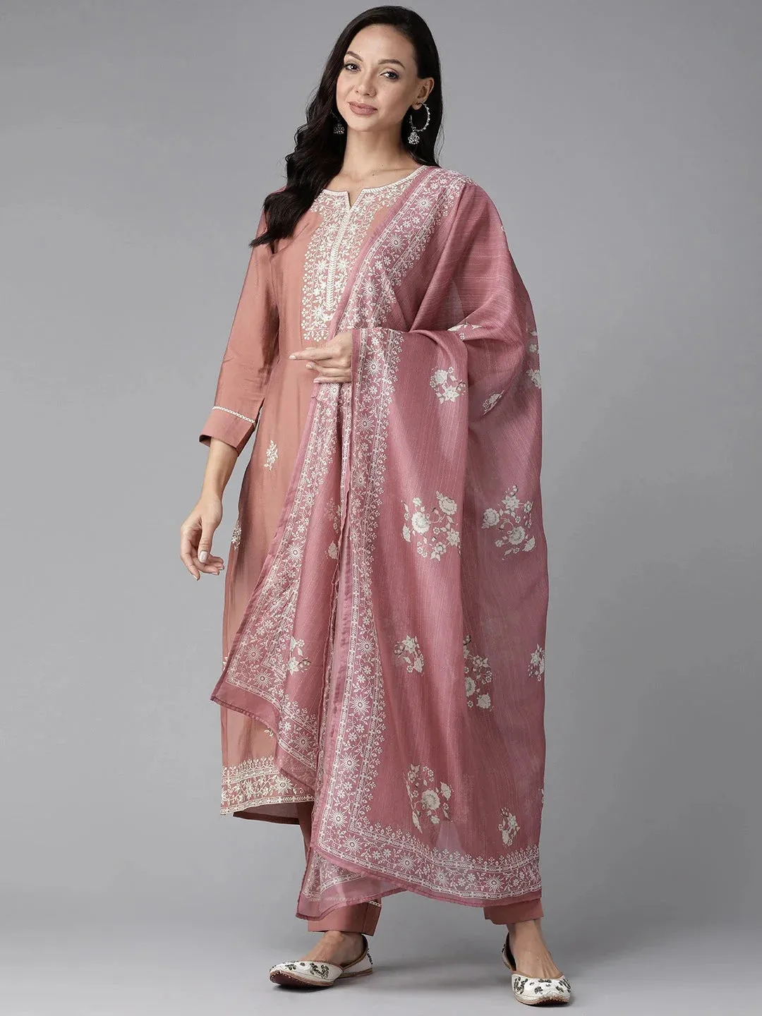 Mauve Floral Embroidered Silk Dupatta Set
