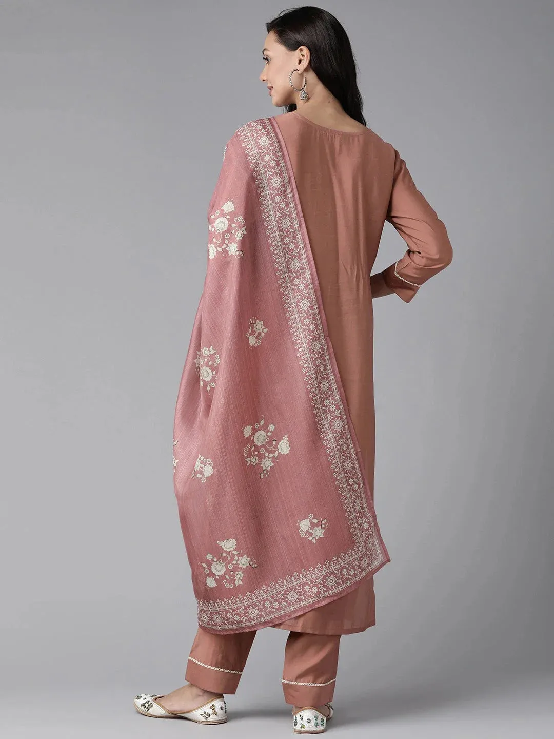 Mauve Floral Embroidered Silk Dupatta Set