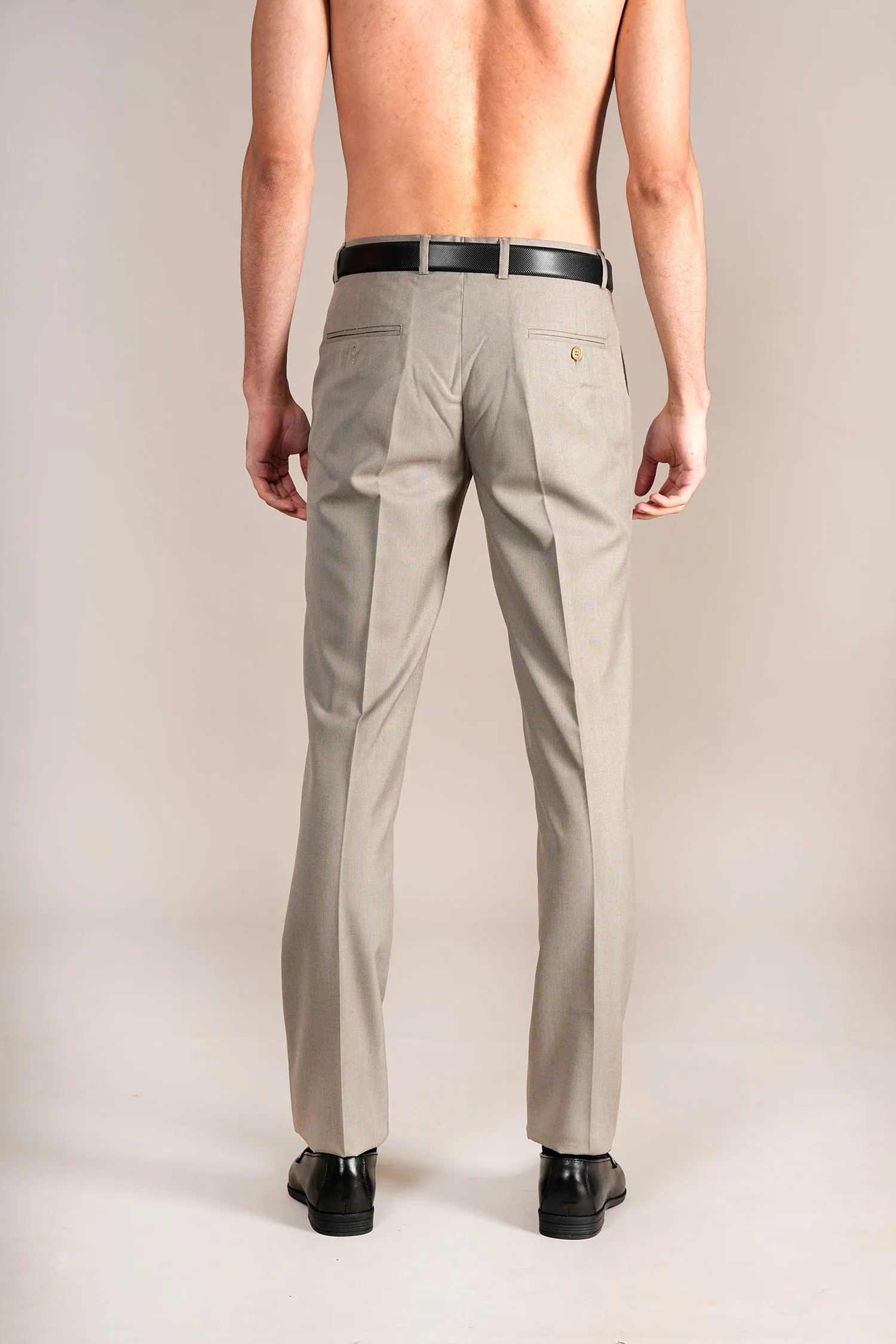 Men's Beige Self Design Non-Pleated Formal Trouser