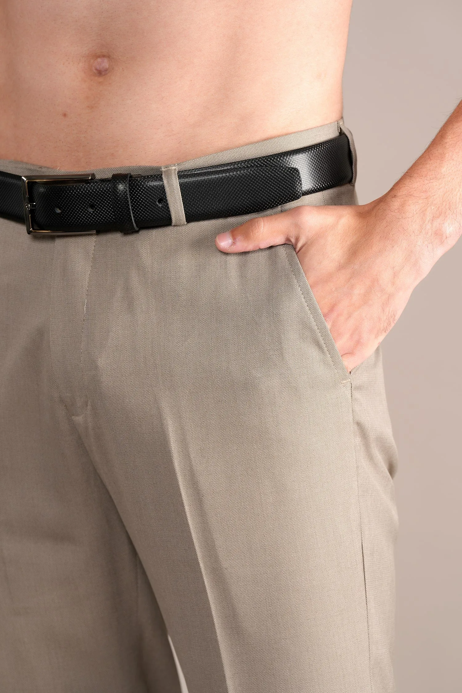 Men's Beige Self Design Non-Pleated Formal Trouser