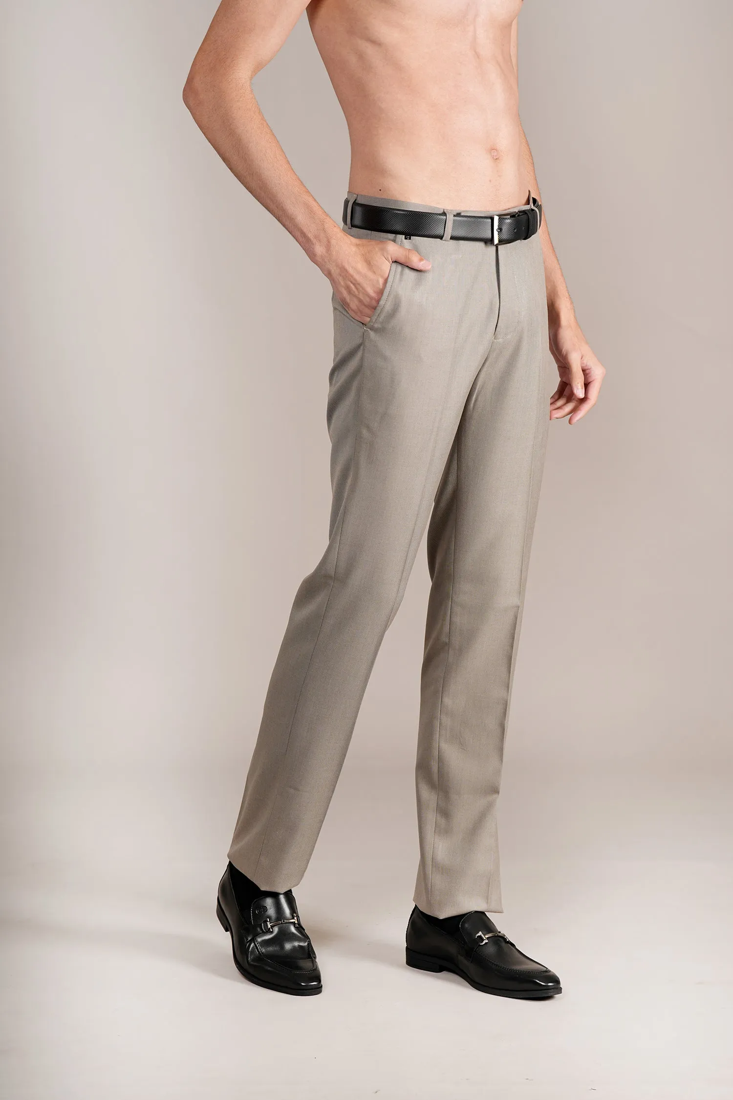 Men's Beige Self Design Non-Pleated Formal Trouser
