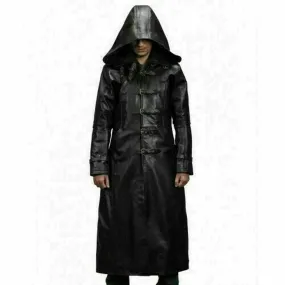 Men's Black Genuine Leather Trench Coat With Hood Gothic Steampunk