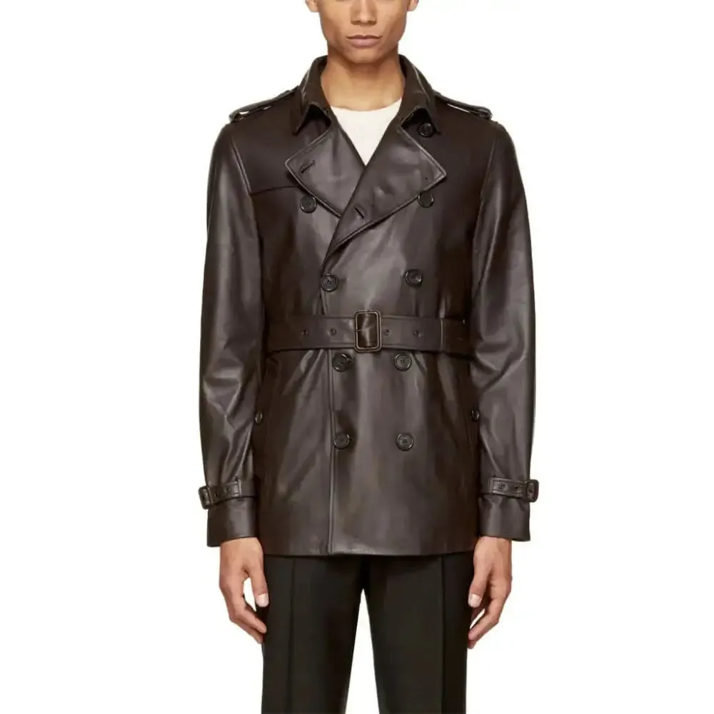 Men's Double Breasted Lamb Leather Belted Waist Coat Classic Style