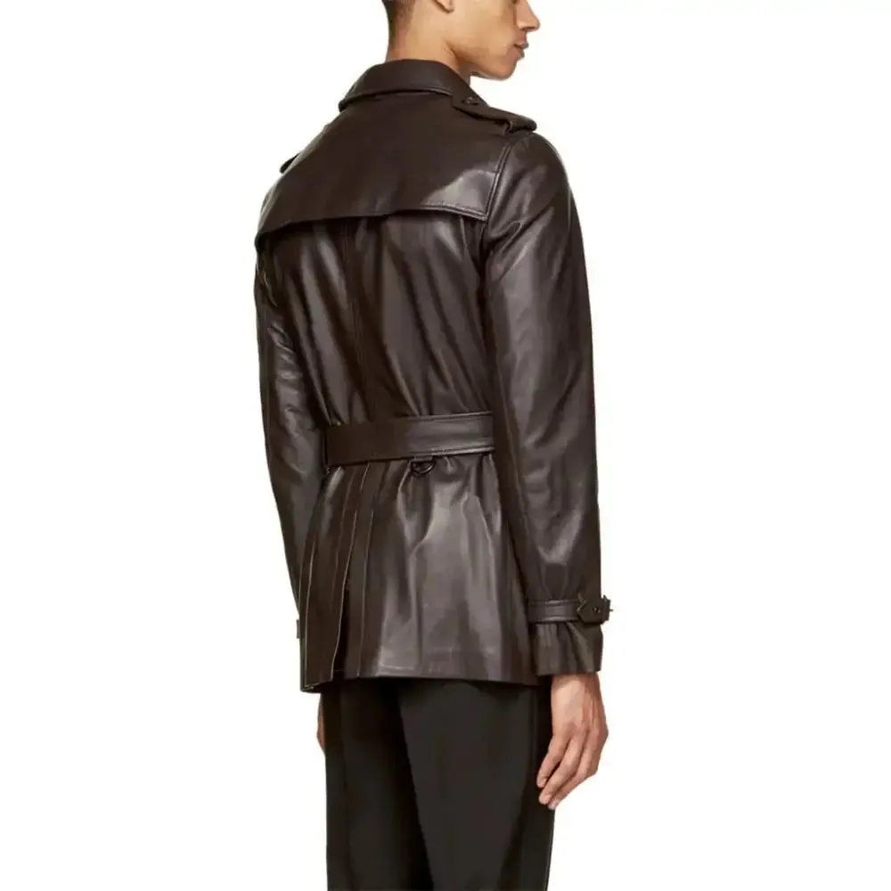 Men's Double Breasted Lamb Leather Belted Waist Coat Classic Style