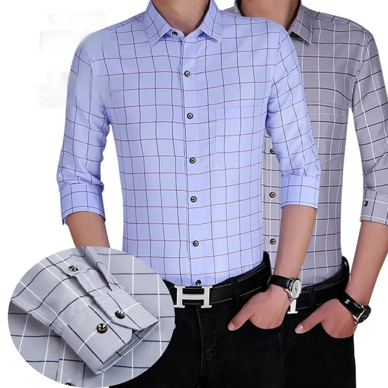 Men's Slim Fit Printed Plaid Long Sleeve Shirt