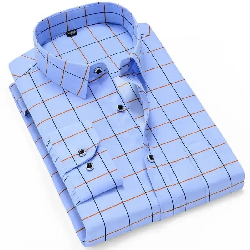 Men's Slim Fit Printed Plaid Long Sleeve Shirt