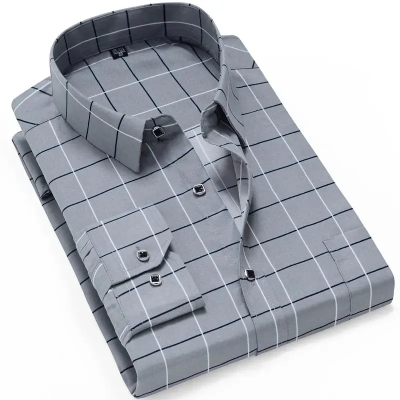 Men's Slim Fit Printed Plaid Long Sleeve Shirt