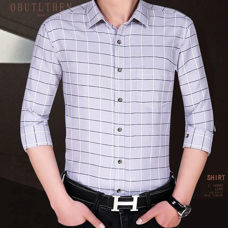 Men's Slim Fit Printed Plaid Long Sleeve Shirt
