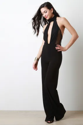 Mesh Panels Halter Keyhole Jumpsuit