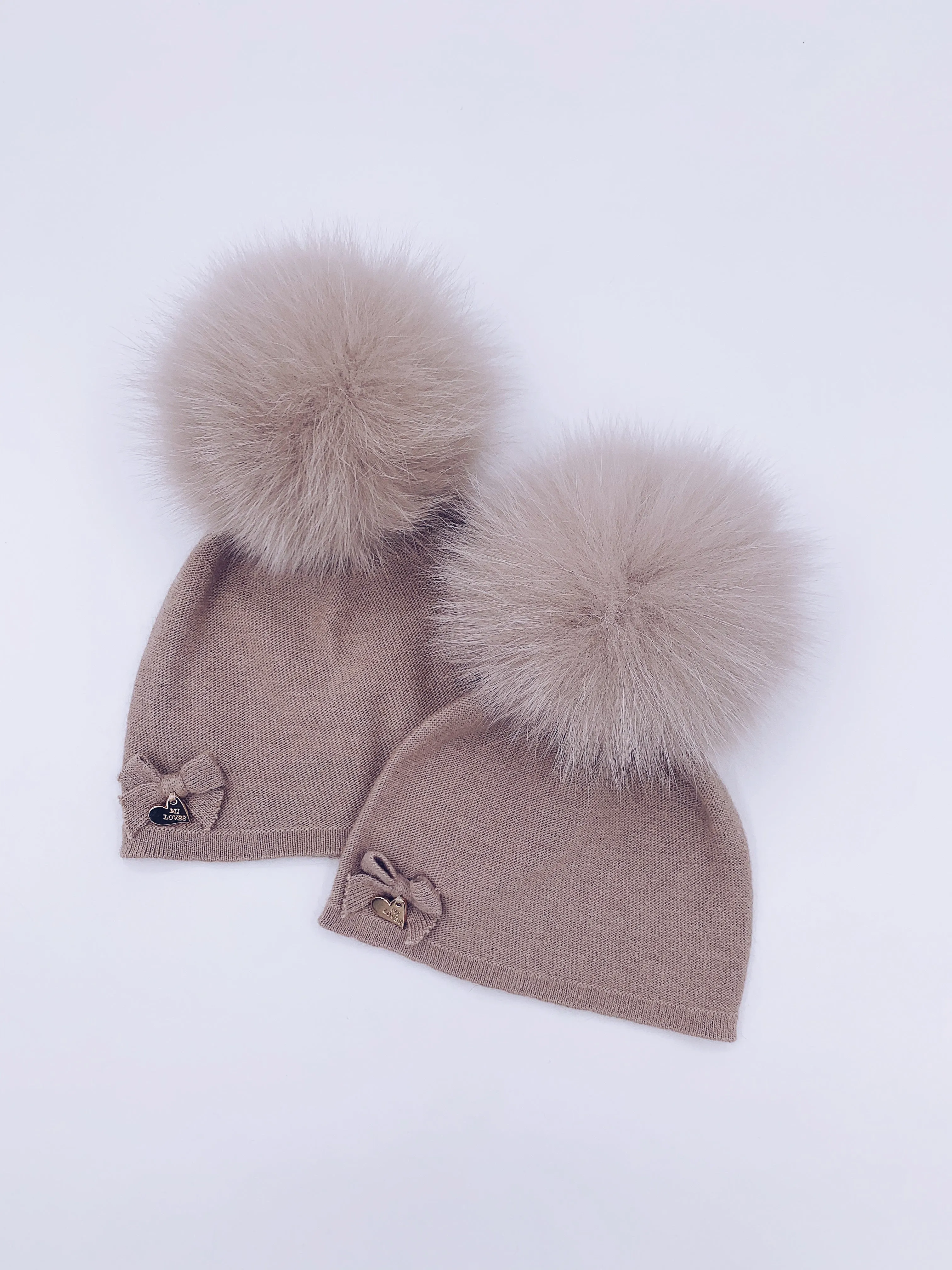 MI LOVES SIGNATURE LUXURIOUS FINE KNIT ANGORA HAT WITH FOX FUR POMPOM (with Bow)