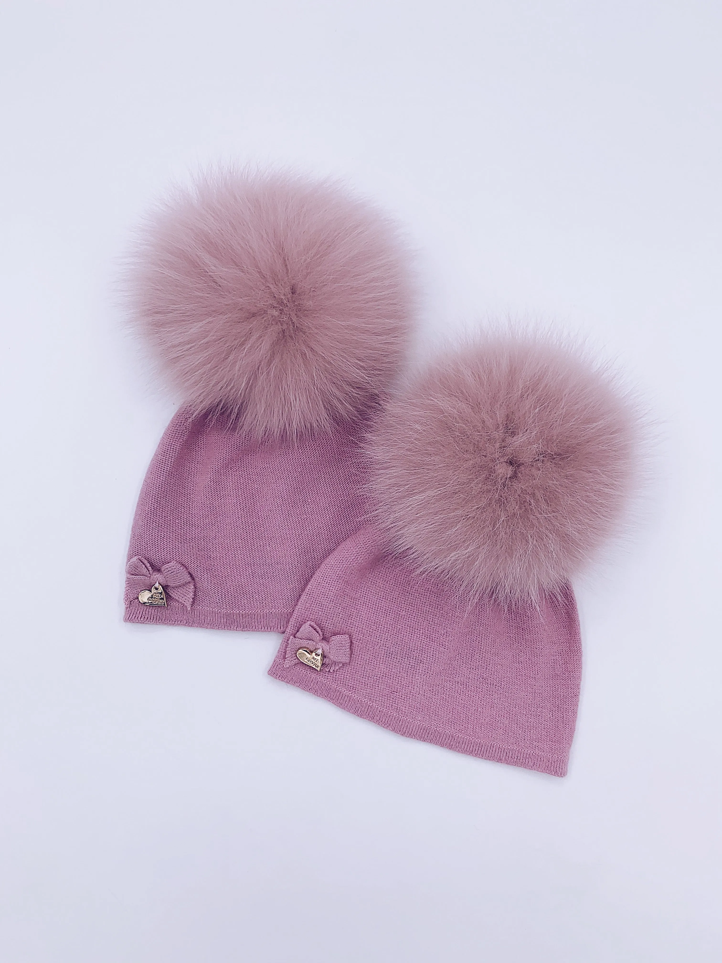 MI LOVES SIGNATURE LUXURIOUS FINE KNIT ANGORA HAT WITH FOX FUR POMPOM (with Bow)